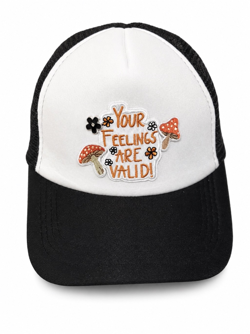 Hand Crafted ‘Feelings are Valid’ Black and White Trucker Hat